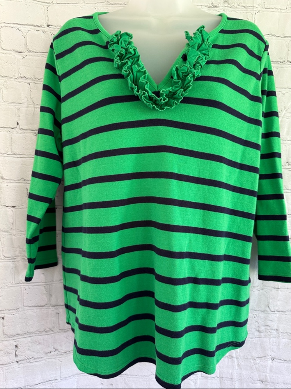 Crown & Ivy Green and Navy Striped & Ruffled V-Neck all Cotton Top